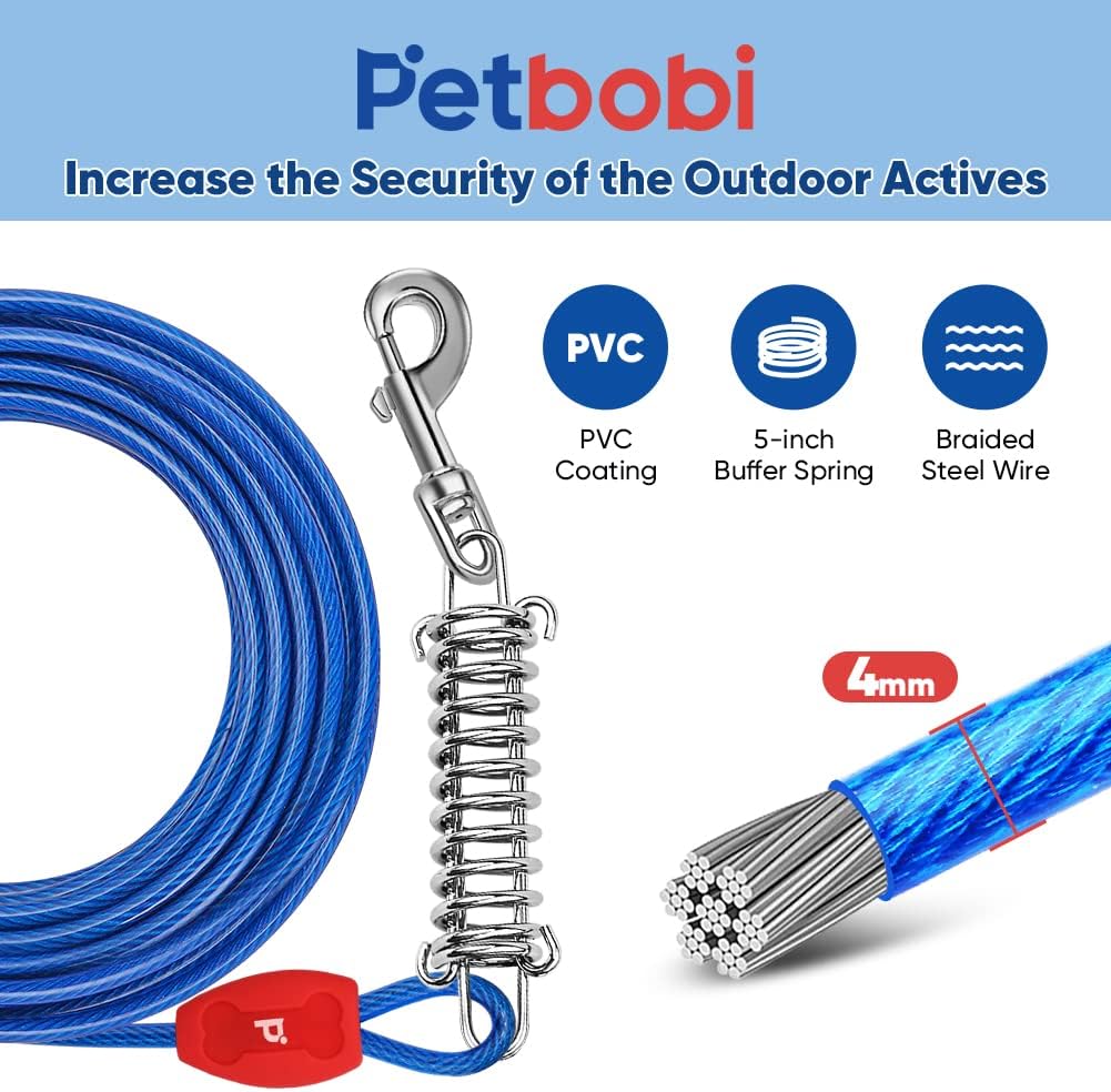 Petbobi Dog Tie-Out Cable and Stake - 30ft Heavy Duty Cable with Spring, No Tangle, 16in Ground Stake, Ideal for Yard, Camping and Beach, Suitable for Small Medium Large Dogs Up to 120 lbs, Blue