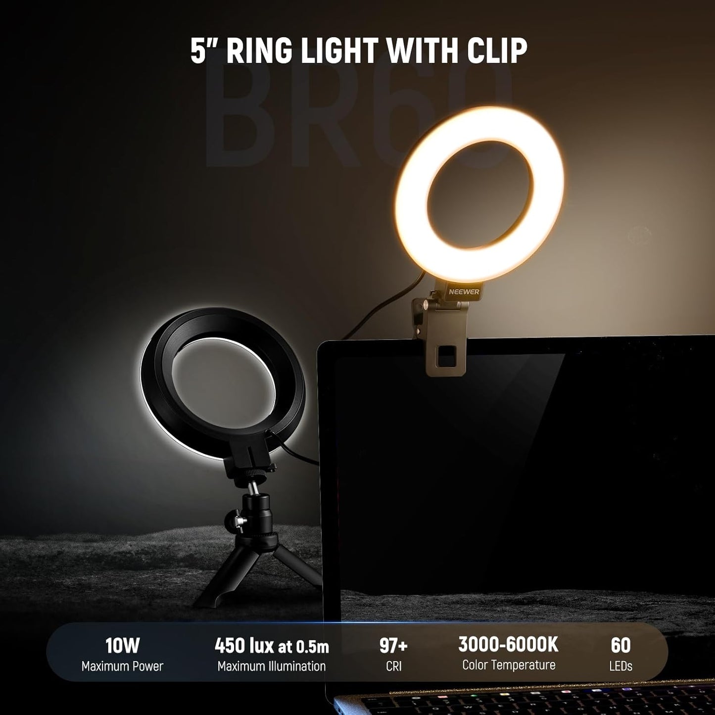 NEEWER BASICS 5" Ring Light for Video Conference Lighting, Clip on Light Kit with Desk Tripod for Monitor Laptop Computer Zoom Call Live Streaming Remote Working Learning Video Recording, BR60