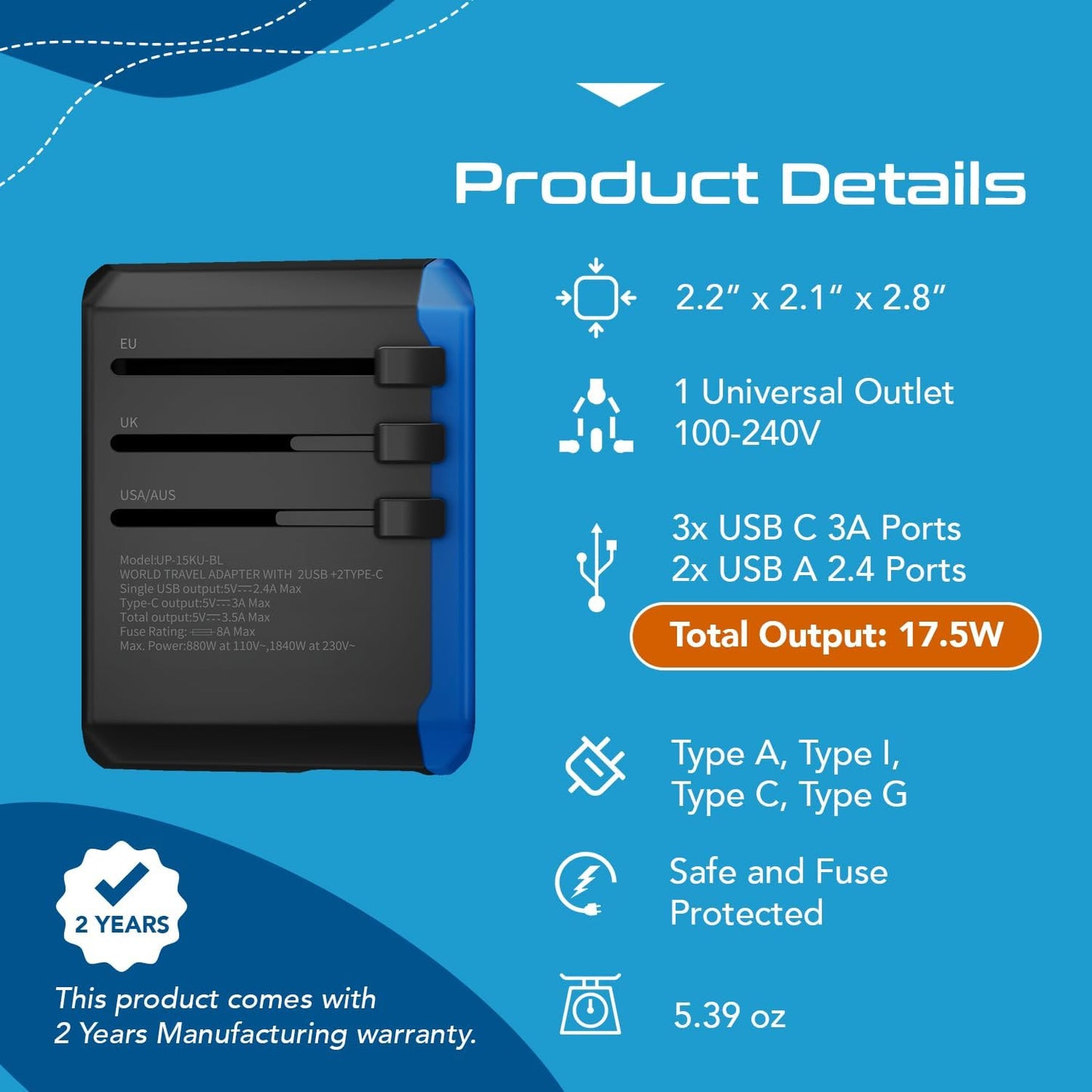 Ceptics Universal Travel Adapter kit, Dual USB (QC 3.0) + 2 US outlets + USB-C Cable, Use with Chargers, Cell Phones, Laptops, 6 Plug attachments for Worldwide use (Does Not Convert Voltage) (WPS-2B)