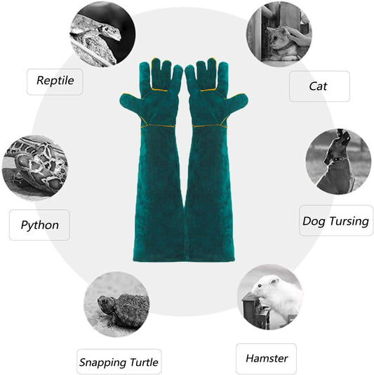 Animal Handling Gloves Bite Proof, 60cm/ 23.6In Scratch Resistant Leather Gloves for Grabbing/Grooming/Handling Dog Cat Bird Snake Parrot Lizard Reptile - Protection Pet Gloves
