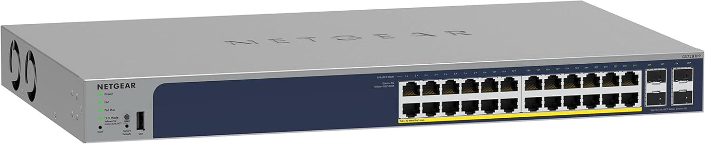 NETGEAR 26-Port PoE Gigabit Ethernet Smart Switch (GS724TP) - Managed, 24 x 1G, 24 x PoE+ @ 190W, 2 x 1G SFP, Optional Insight Cloud Management, Desktop or Rackmount, and Limited Lifetime Protection