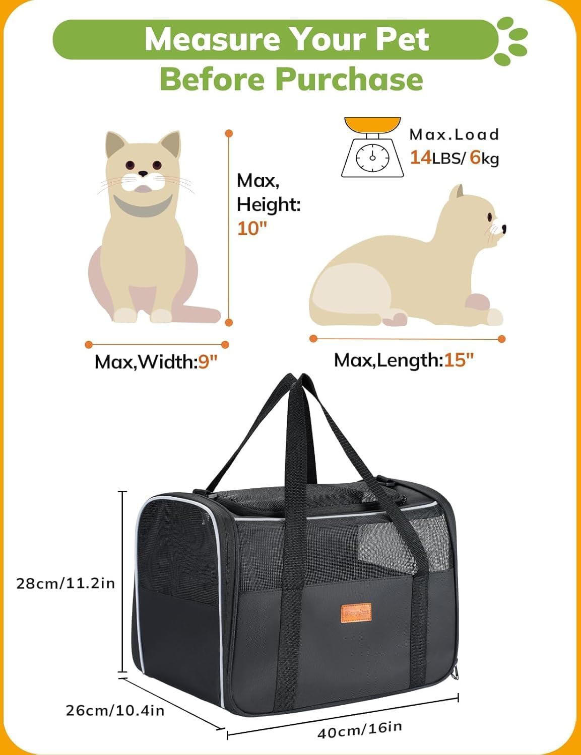 Morpilot Cat Carrier Soft - Portable Pet Carrier for Small or Medium Cats, Dogs and Puppy up to 14lbs, Airline Approved Dog Carrier with Safety Buckle - (Dark Gray)