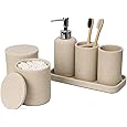WPM 4 Piece Ceramic Bath Accessory Set | Includes Bathroom Designer Soap or Lotion Dispenser w/Toothbrush Holder, Tumbler, Soap Dish Choose from Purple, Black, Brown, Navy or Burgundy (Brown)