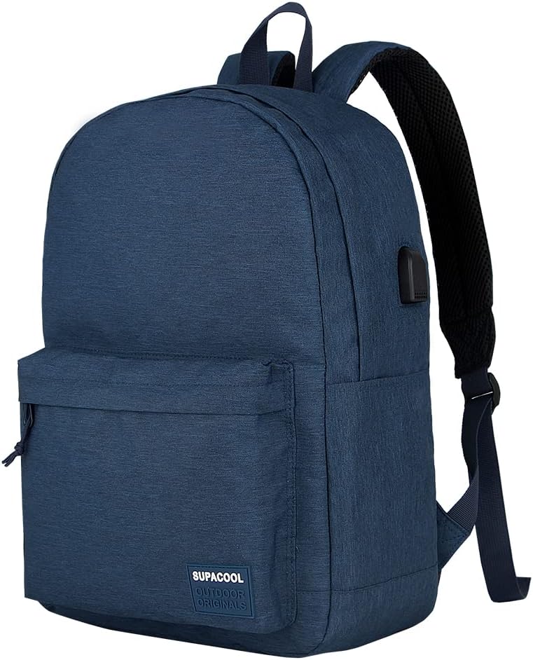 SUPACOOL Casual Laptop Backpack with USB Charging Port for Men and Women, School Bookbag for College, Lightweight Pack Back(Dark Black)