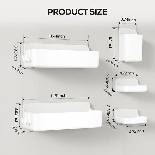 Nieifi Adhesive Wall Shelf,Shower Sheves 5 Pack with Soap Holder,Shower Organizer for Bathroom Organization,White - PuriLite