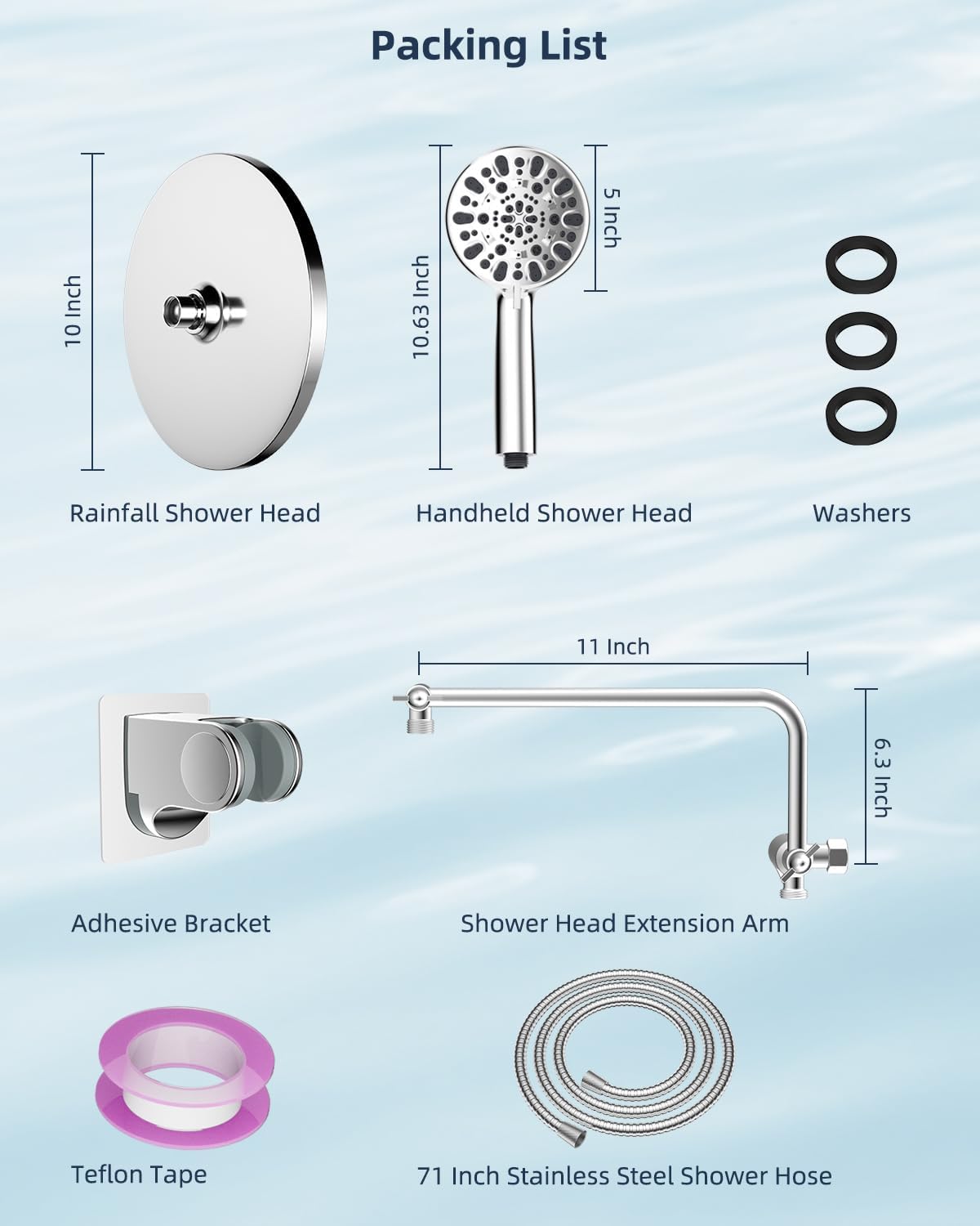 Metal Thickness Shower Head, 10'' High Pressure Rainfall Shower Head/Handheld Showerhead Combo with 12'' Adjustable Shower Extension Arm, 7-Spray, 71'' Hose, Showerhead Holder, Matte Black