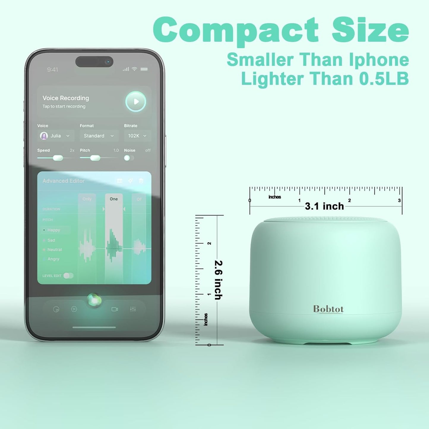 Bobtot Portable Bluetooth Speakers with Strap Easy to Carry, Wireless IPX5 Waterproof Mini Speaker with Loud Stereo Sound, 20 Hours Playtime, Rechargeable Battery, Built-in Microphone (Green)