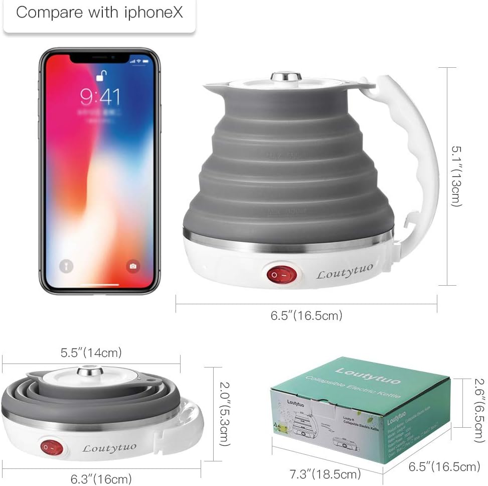 120V 555ML Ultrathin Travel Foldable Electric Kettle with Separable Power Cord and Handle, Boil Dry Protection, Food Grade Silicone