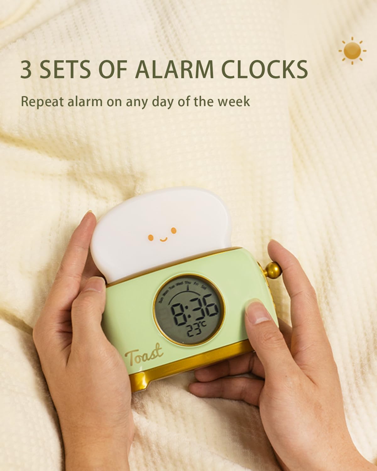 Alarm Clock for Kids, Cute Toast Night Light Alarm Clocks for Bedrooms, Dimming Rechargeable Small Led Desk Clock with Snooze & Countdown for Room Decor, Bedside Clock for Teen Girls Boys,Green
