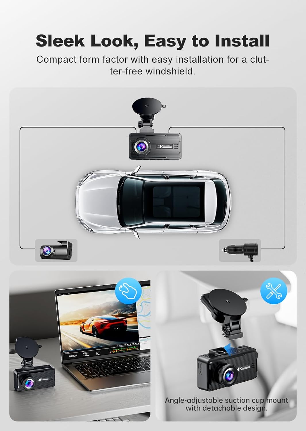 JOMISE Dash Cam Front and Rear, 4K Dashcam with 64GB Card, 3'' IPS Display Dual Car Camera with GPS 5GHz Wi-Fi, 24/7 Parking Mode, G-Sensor, Night Vision, 170° Wide Angle, Loop Recording, App Control