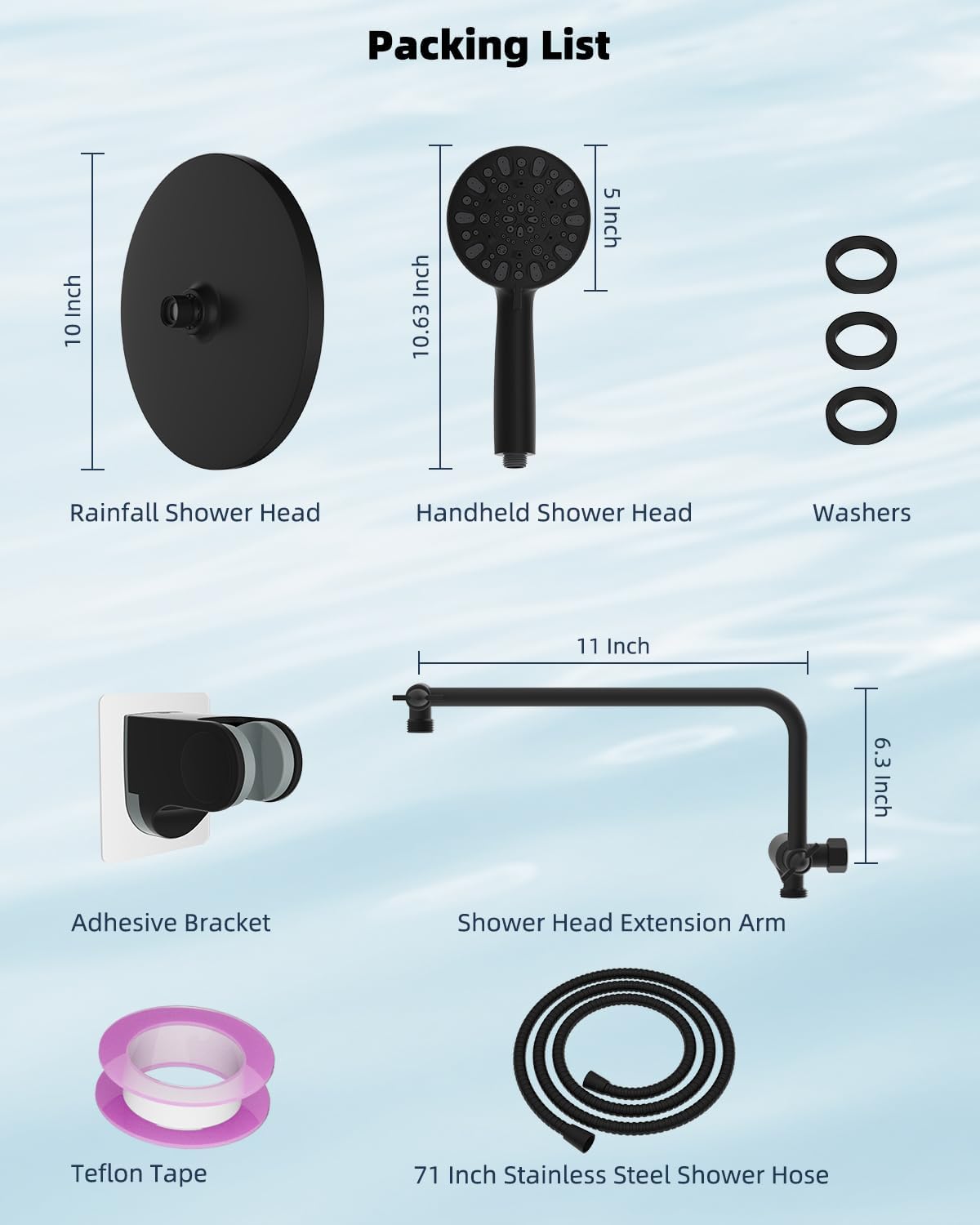 Metal Thickness Shower Head, 10'' High Pressure Rainfall Shower Head/Handheld Showerhead Combo with 12'' Adjustable Shower Extension Arm, 7-Spray, 71'' Hose, Showerhead Holder, Matte Black