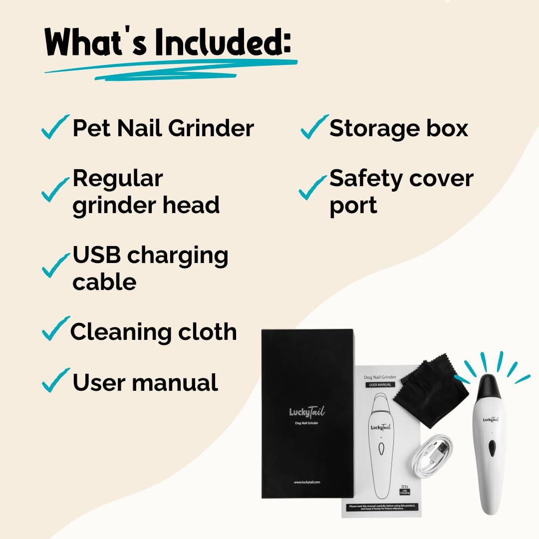 LuckyTail - Dog Nail Grinder - Small & Large Dogs - Silent Operation (30 - 50 dB) - Powerful 2-Speed Motor (8,000 & 10,000 RPM) - LED Light - Rechargeable - Pet Grooming Kit - Dog Nail Trimmers