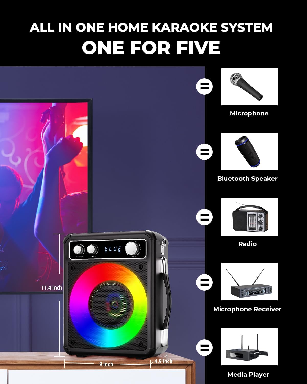 Karaoke Machine, Portable Bluetooth Speaker with 2 Wireless Microphones, PA System for Adults Kids with LED Lights, Supports REC/FM/AUX/USB/TF for Home Party
