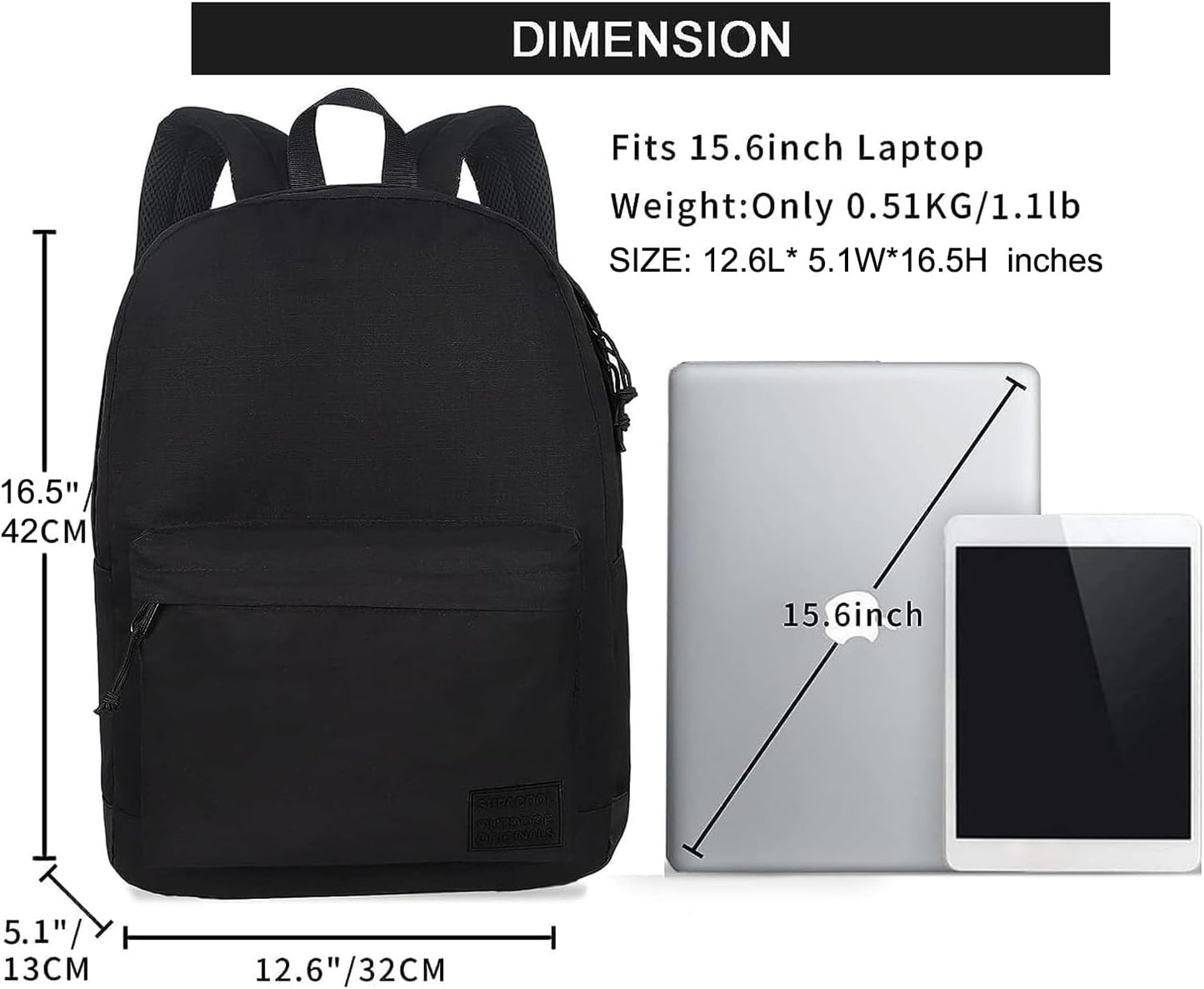 SUPACOOL Casual Laptop Backpack with USB Charging Port for Men and Women, School Bookbag for College, Lightweight Pack Back(Dark Black)