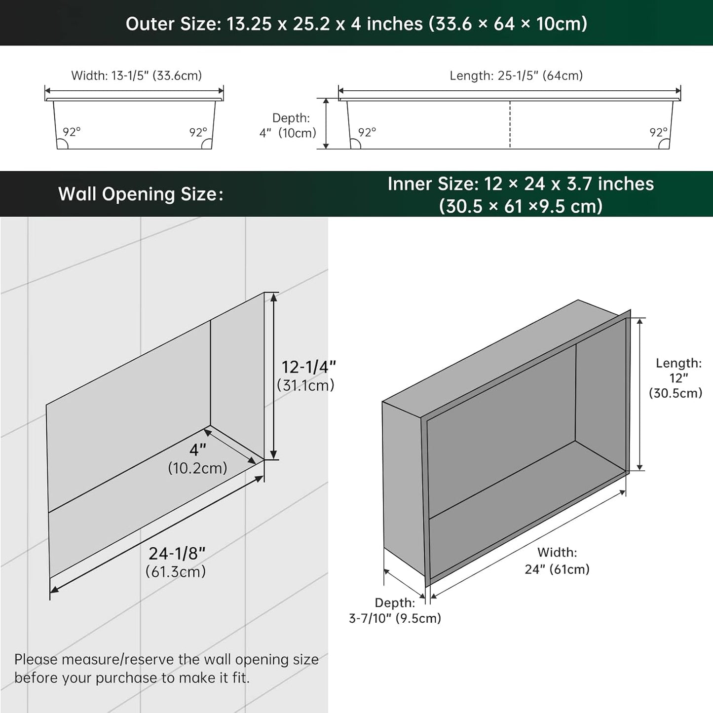 BLYLUND Shower Niche 12" x 24" NO Tile Needed,Matte Black Double Shelf Organizer, Square Corners Wall-Inserted Niche Recessed Shower Shelf Modern Soap Niche for Bathroom