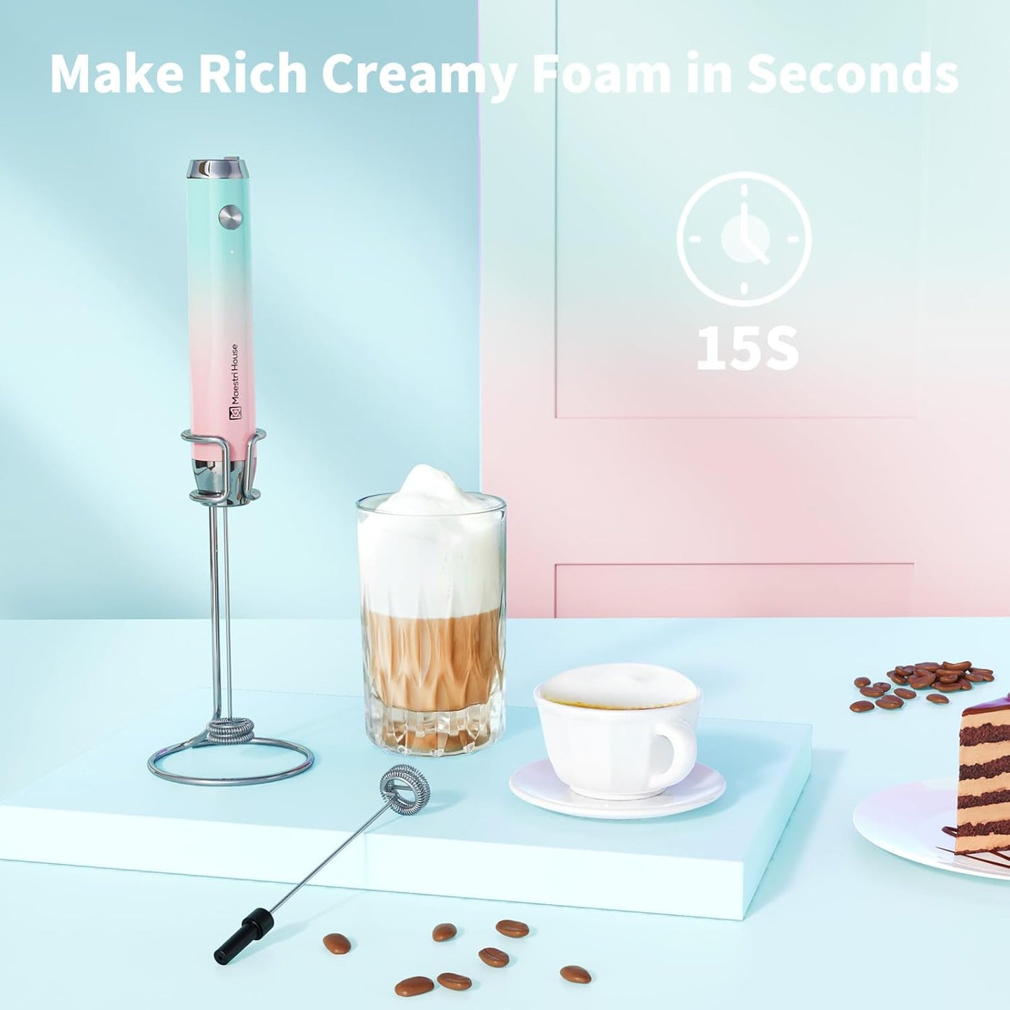 Maestri House Rechargeable Milk Frother, Handheld Electric Foam Maker Waterproof Detachable Stainless Steel Whisk Drink Mixer Foamer with Stand,LunaFro