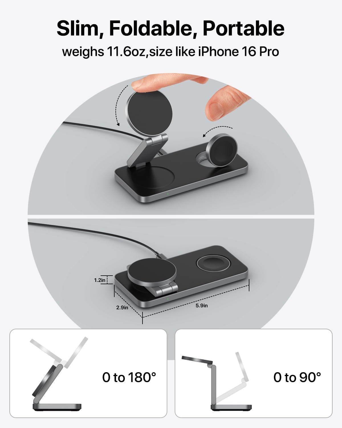 EXW Foldable 3 in 1 Wireless Charging Station for Apple Compatible with Magsafe Charger Stand, Travel Wireless Charger for iPhone 16 15 14 13 12 Series, Airpods, Apple Watch (18W Adapter Included)
