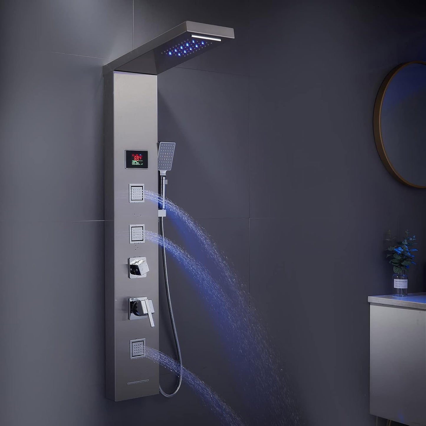 LED Shower Panel Tower System Black, MENATT 304 Stainless Steel 5-Function Shower Panel Rainfall Waterfall Shower Rain Massage System with Body Jets