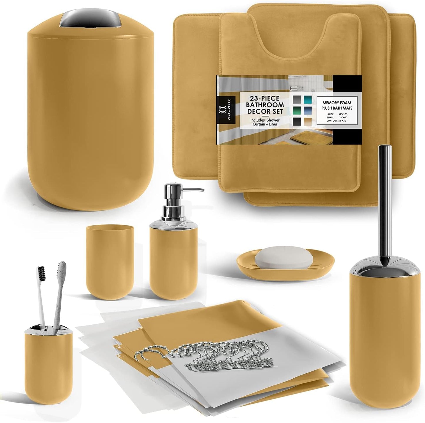 Clara Clark Bathroom Set - Gray Bathroom Accessories Set, Bathroom Sets with Shower Curtain and Rugs, 23PC Shower Curtain Set with Liner, Soap Dispenser, Soap Dish, Toilet Brush Holder, and Trash Can