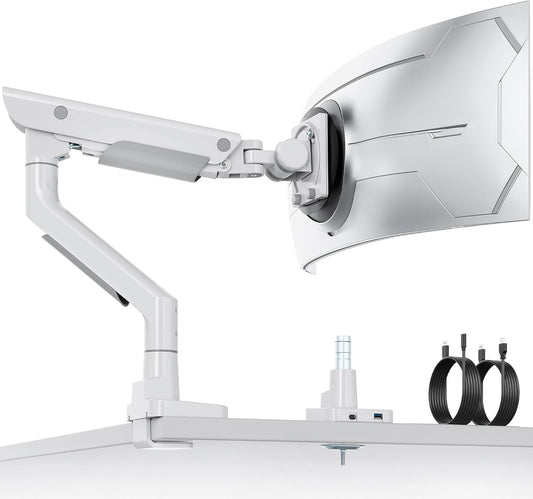 monTEK Premium Aluminum Monitor Arm for 17–57” Ultrawide Screens up to 59 lbs, USB 3.0 Single Desk Mount with Adjustable Gas Spring, Quick-Release Plate, 10-Min Assembly, Clamp/Grommet, VESA 100x100