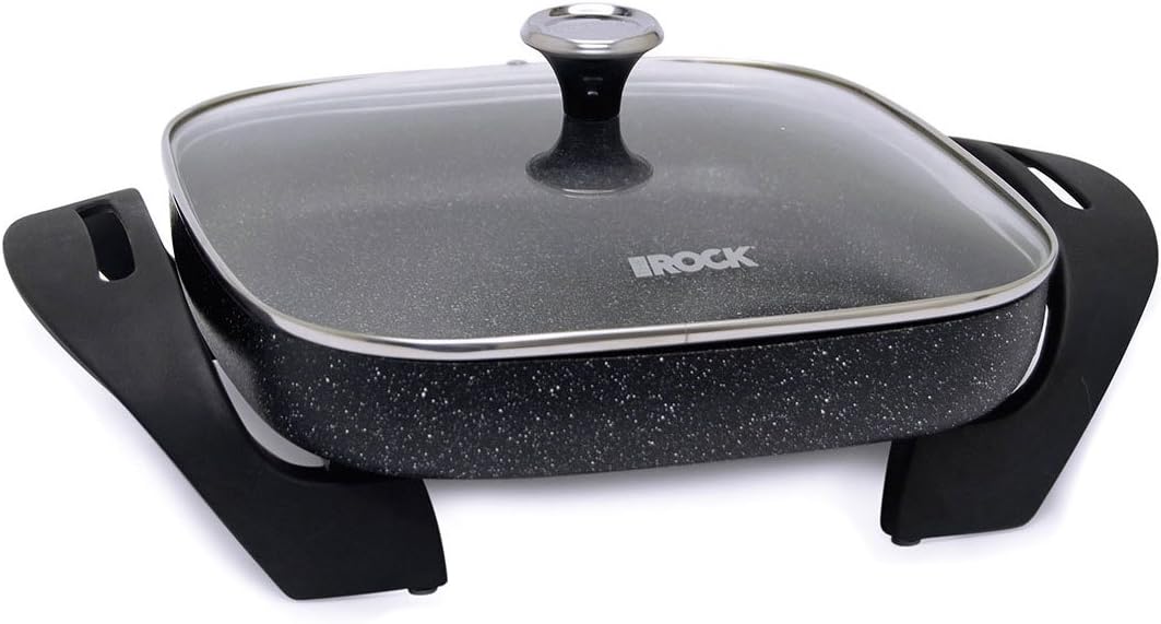 Starfrit The Rock Electric Skillet - 12" x 12" - Rock.Tec Non-Stick Cooking Surface - Tempered Glass Lid - 1200W