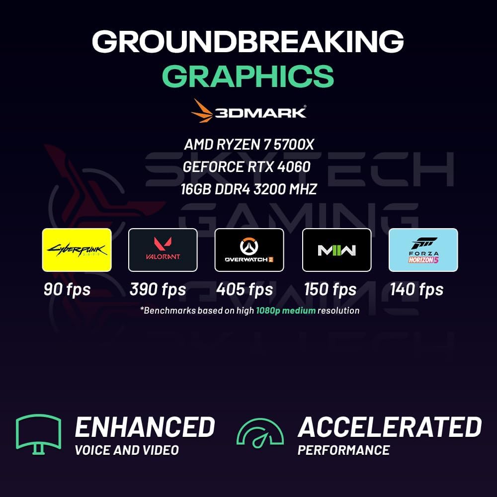 Skytech Shadow Gaming PC Desktop, Ryzen 5 5600 3.5 Ghz (4.4GHz Turbo Boost), AMD RX 6600 8GB GDDR6, 1TB SSD, 16GB DDR4 RAM 3200, 650W Gold PSU, Wi-Fi, Win 11 Home