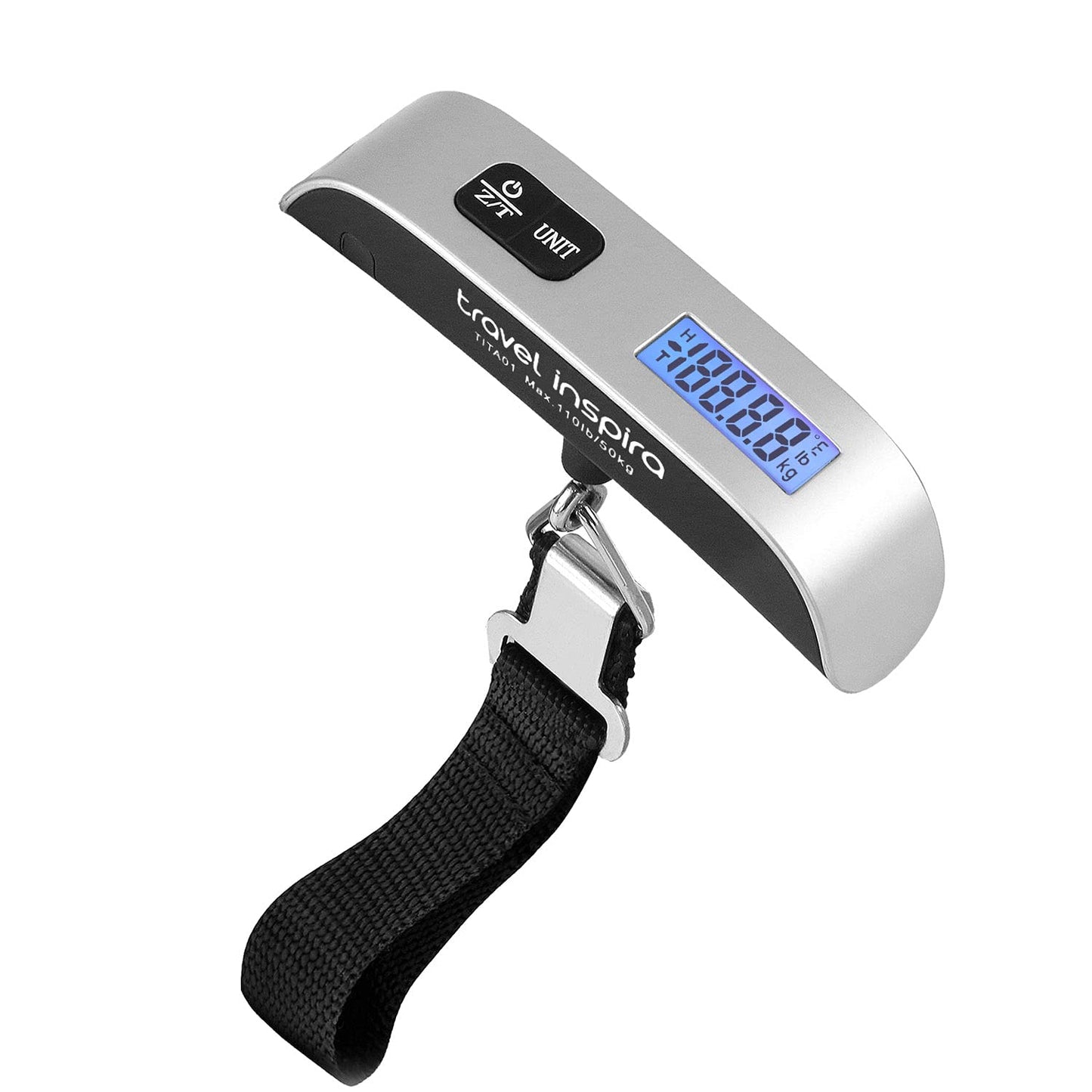 travel inspira Luggage Scale, Portable Digital Hanging Baggage Scale for Travel, Suitcase Weight Scale with Rubber Paint, 110 Pounds, Battery Included - Blue