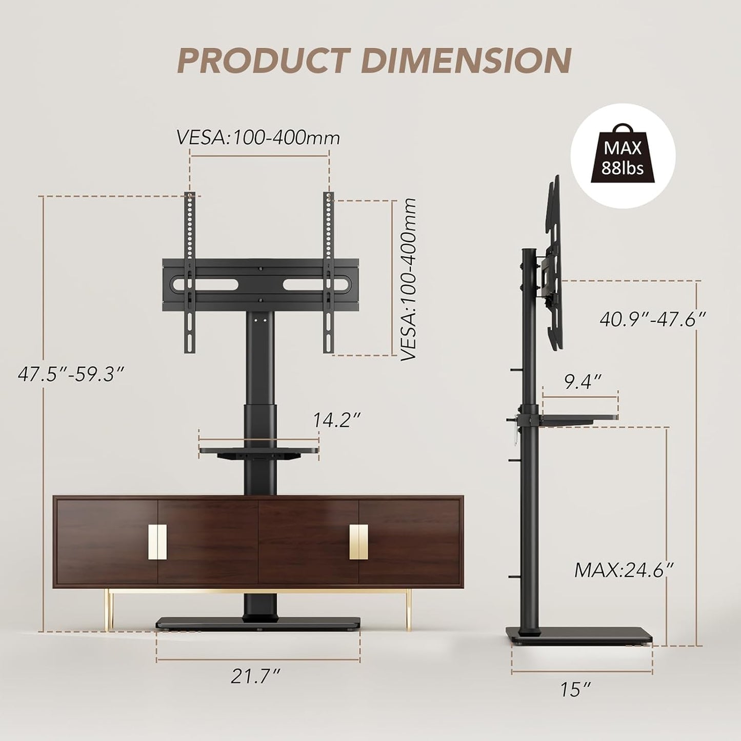 Universal Floor TV Stand with Mount 80 Degree Swivel Height Adjustable and Space Saving Design for Most 27 to 65 inch LCD, LED OLED TVs, Perfect for Corner & Bedroom AX1006TB
