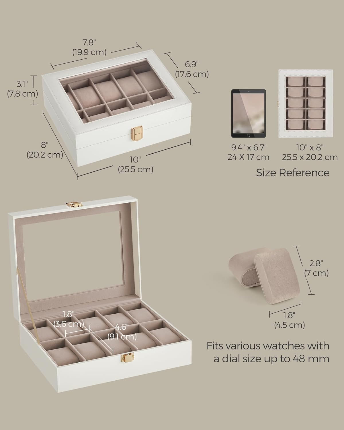 SONGMICS Watch Box, 6-Slot Watch Case, Watch Box Organizer, Black Synthetic Leather, Greenish Gray Lining UJWB06BK