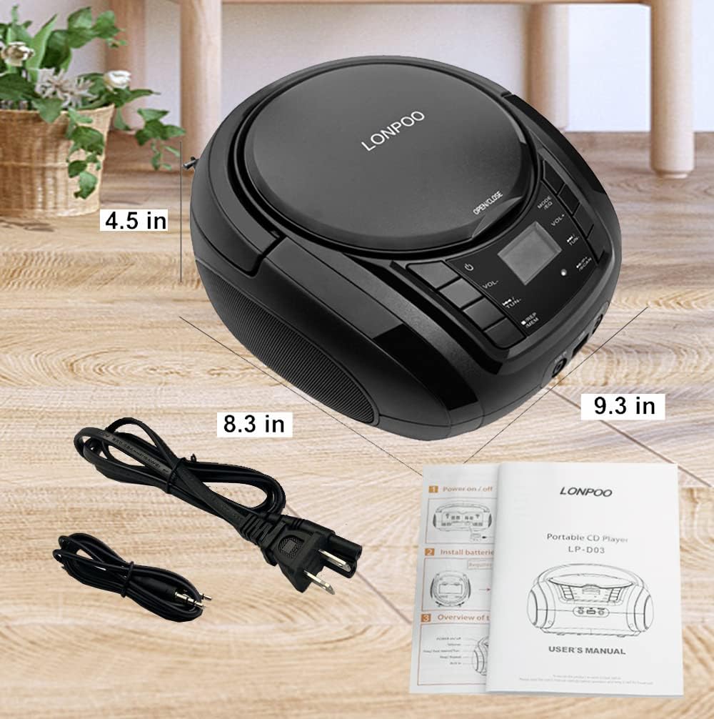 LONPOO Portable CD Player | Stereo Bluetooth Boombox | FM Radio Turn Knob | Auto Lid Open Button | Big LCD Display | Concealed Ports of USB/AUX/Earphone | Rear Power Protection Button (LP-D12)
