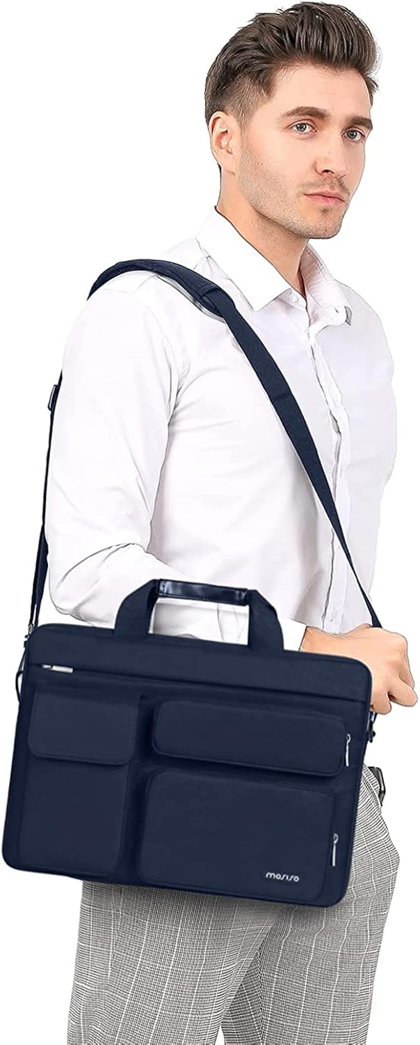 MOSISO Laptop Bag 13.3 inch, 13-13.3 inch Computer Shoulder Bag Compatible with MacBook Air/Pro 13/Pro 14, HP Dell ASUS Notebook &2 Raised&1 Flapover&1 Horizontal Pocket&Handle&Belt, Black