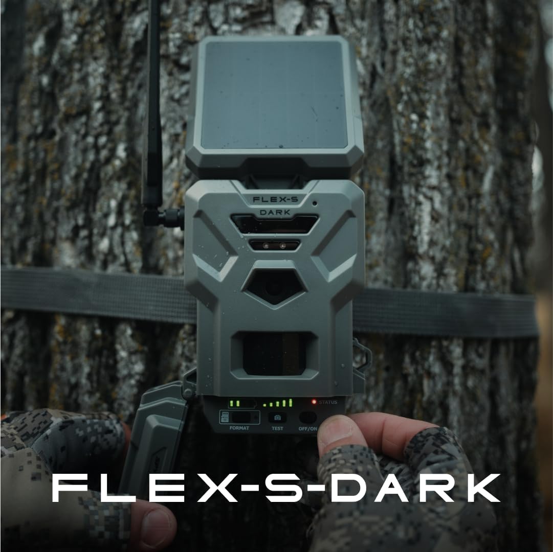 SPYPOINT Flex-S Dark Ultimate Pack Solar Outdoor Cellular Trail Camera - Integrated Solar Panel, No WiFi Needed, Night Vision Motion Activated, Dual-Sim LTE, 40MP Photos and 1080p w/Sound