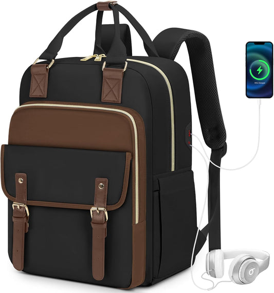 RAINSMORE Laptop Backpack 15.6 Inch for Women Large Travel Backpack with USB Charging Port Water Resistant - PuriLite