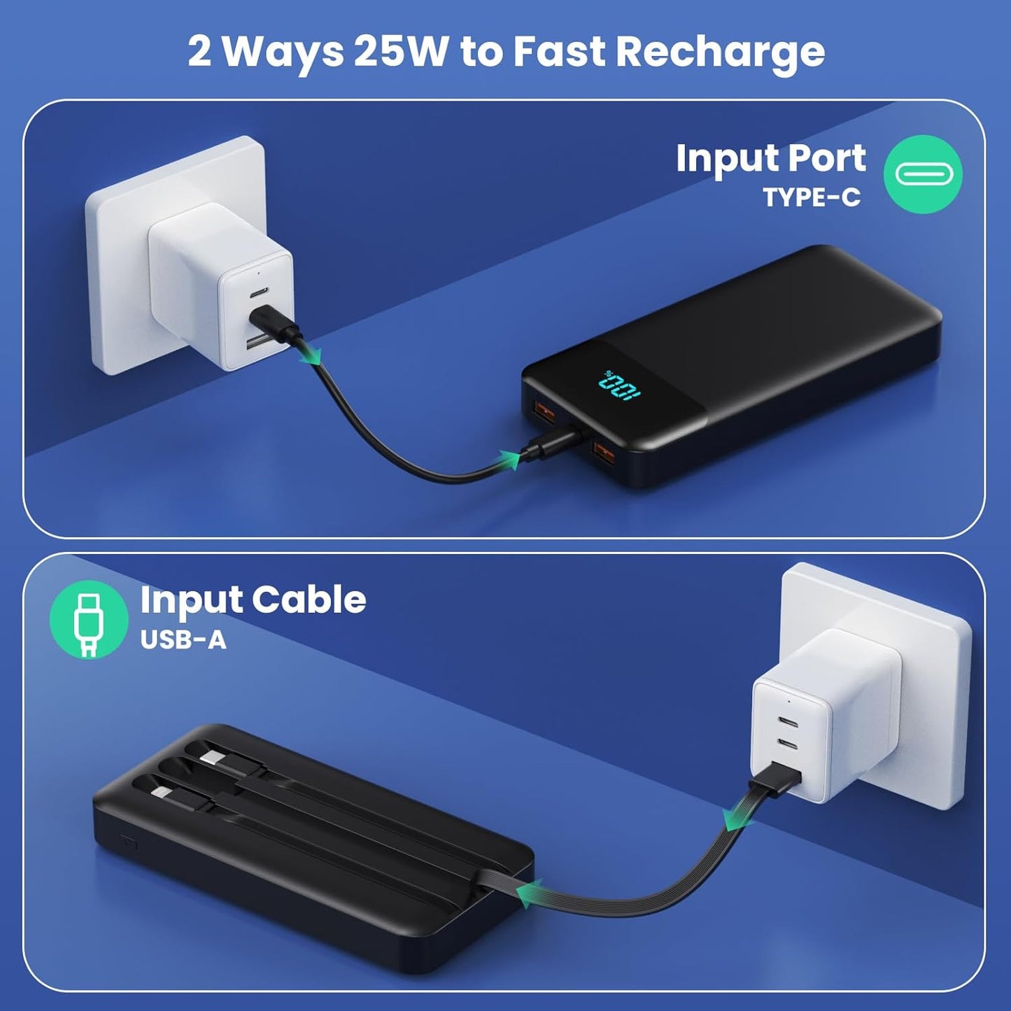 Power Bank 40800mAh Portable Charger with 3 Built-in Cable,25W PD USB C in&Out Power Bank Fast Phone Charging,QC4.0 LED Display Portable Battery Pack Compatible with iPhone 16/15,Samsung Android-Black