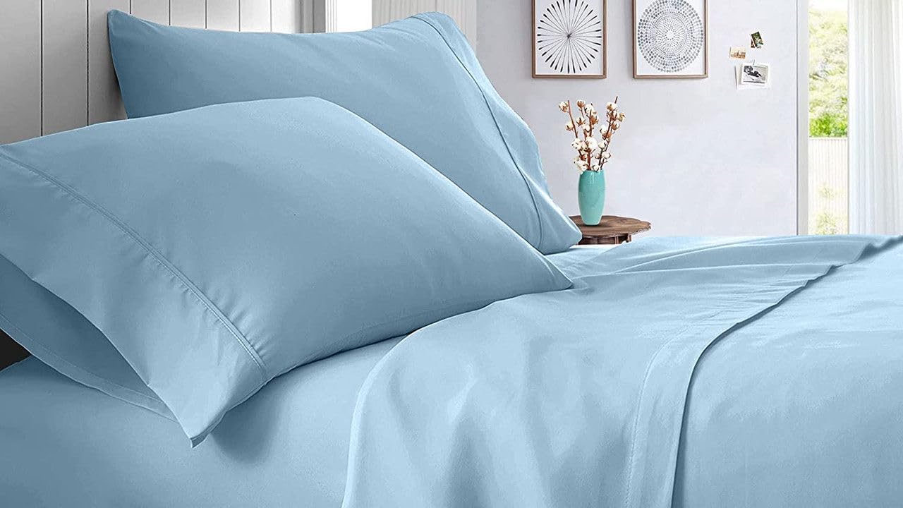 Linen Sheets 100% Egyptian Cotton- Twin-XL Sheet Set 4 Piece- 1000 Thread Count- Fits Upto 18" Deep Pocket- Long Staple Cotton Bedding, Sateen Weave-Light Blue Solid