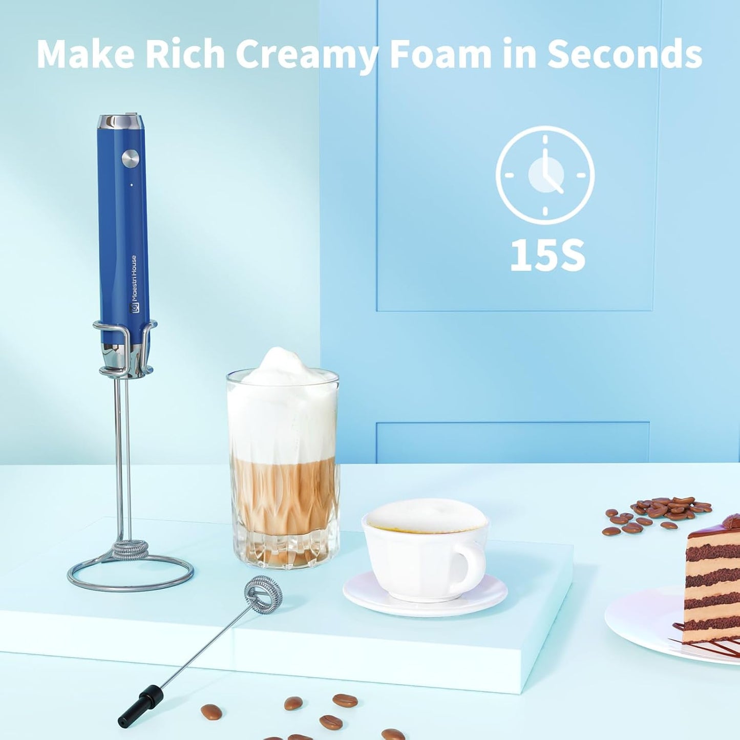 Maestri House Rechargeable Milk Frother, Handheld Electric Foam Maker Waterproof Detachable Stainless Steel Whisk Drink Mixer Foamer with Stand,LunaFro
