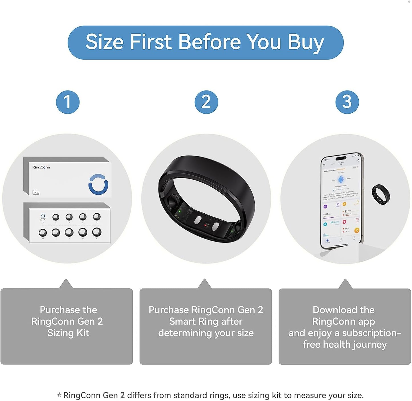RingConn Gen 2 Smart Ring, No App Subscription, Size First with Sizing Kit, 12-Day Battery Life, Stress/Women's Health Tracker, Compatible with Android & iOS (Black, Size 8)