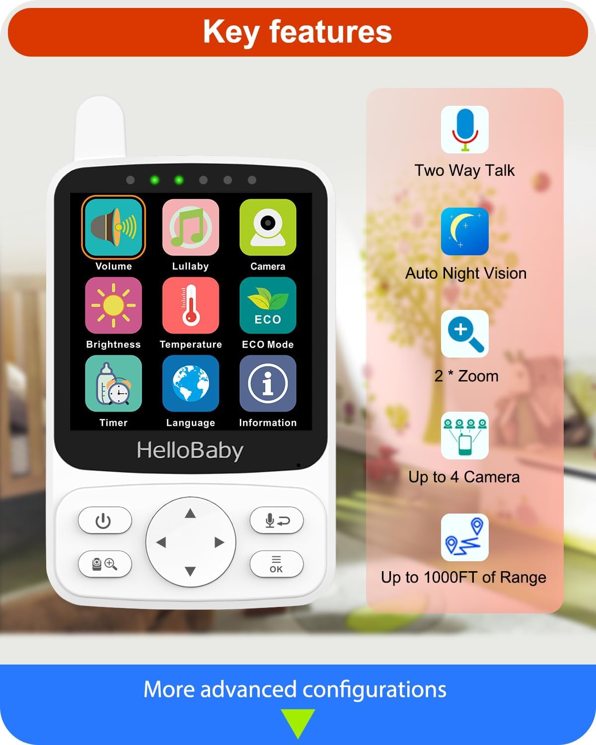 HelloBaby Baby Monitor No WiFi,2800mAh Portable Battery (26H ECO),Night Vision Pan Tilt Zoom,1000ft Range,2-Way Audio for Baby,Pet,Elderly &Travel