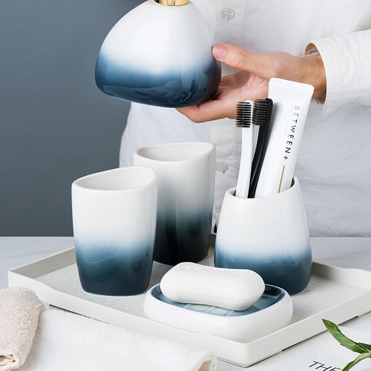 White Bathroom Accessories Set,Modern Countertop Bathroom Decor,Luxury 6 Piece Bathroom Accessory Set,Complete with Soap Dispenser,Toothbrush Holder,Tumbler,Tray