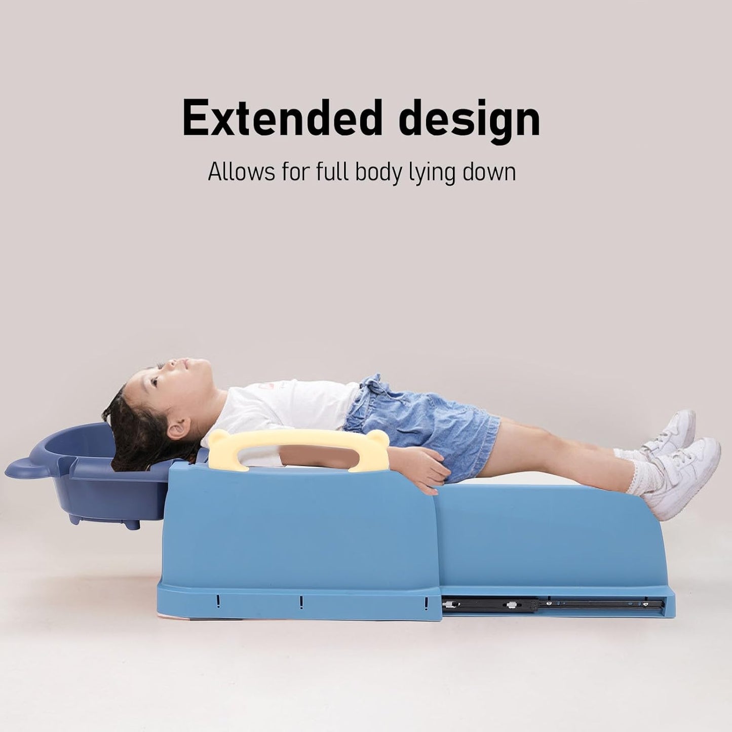 Foldable Baby Shampoo Chair, Adjustable Length Kids Hair Washing Bath Seat with Shampoo Basin and Head Cushion Soft Armrests, Non Slip Bath Chair for Children (Blue)