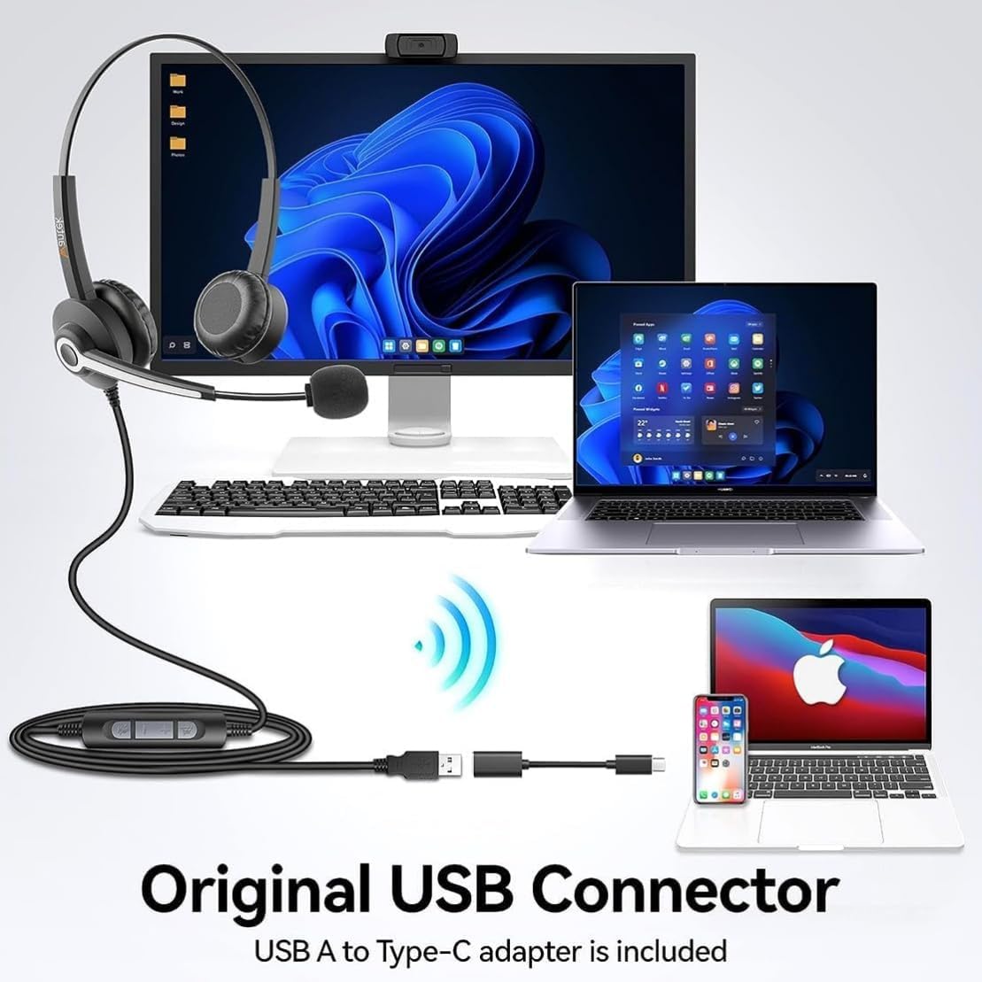 Wantek USB Headset with Microphone for PC, On-Ear Headphones - Computer Laptop Wired Headset with Mic Noise Cancellation & Volume Control for Work Home Office Online Classroom Zoom Skype