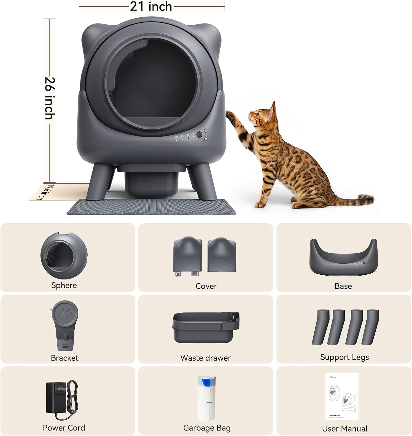 Self Cleaning Litter Box,Automatic Cat Litter Box for Multi Cats,FEELNEEDY Odor Control,litiere Pour Chat autonettoyant, Extra Large, APP Control,Safety Sensors, with 1 Trash Bag and Litter Mat