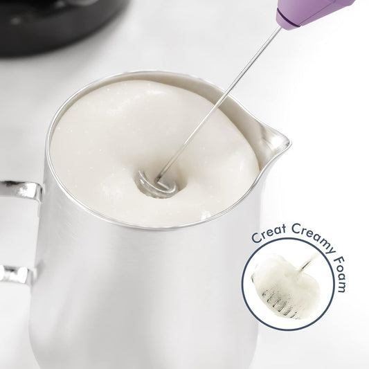 Powerful Milk Frother Handheld Foam Maker, Mini Whisk Drink Mixer for Coffee, Cappuccino, Latte, Matcha, Hot Chocolate, With Stand, Light Purple - PuriLite