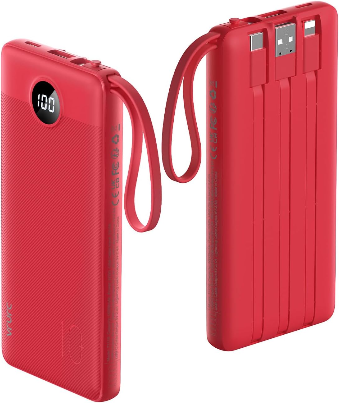 VRURC 10000mAh Power Bank Built-in Cables, Portable Charger with LED Display, Slim Intelligent Travel Battery Pack with Cords, 5 Output Dual Input Phone Charger for Cell Phone Smart Devcies-Blue