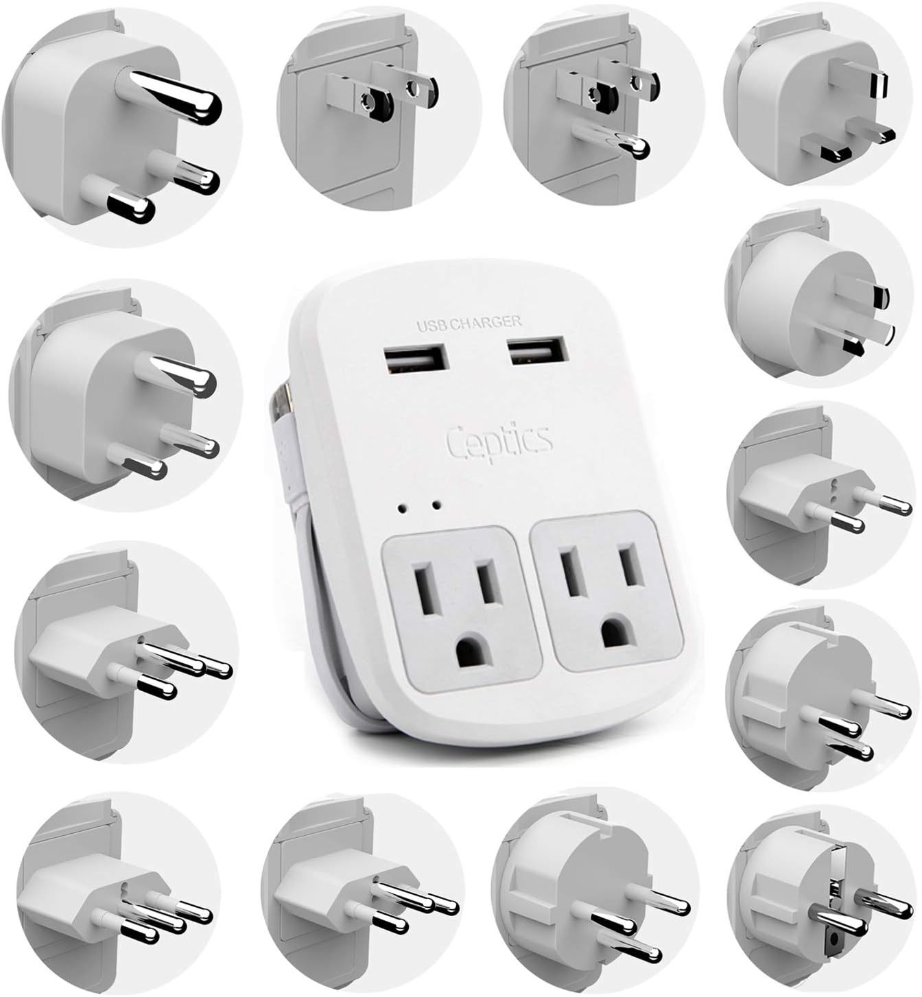 Ceptics Universal Travel Adapter kit, Dual USB (QC 3.0) + 2 US outlets + USB-C Cable, Use with Chargers, Cell Phones, Laptops, 6 Plug attachments for Worldwide use (Does Not Convert Voltage) (WPS-2B)