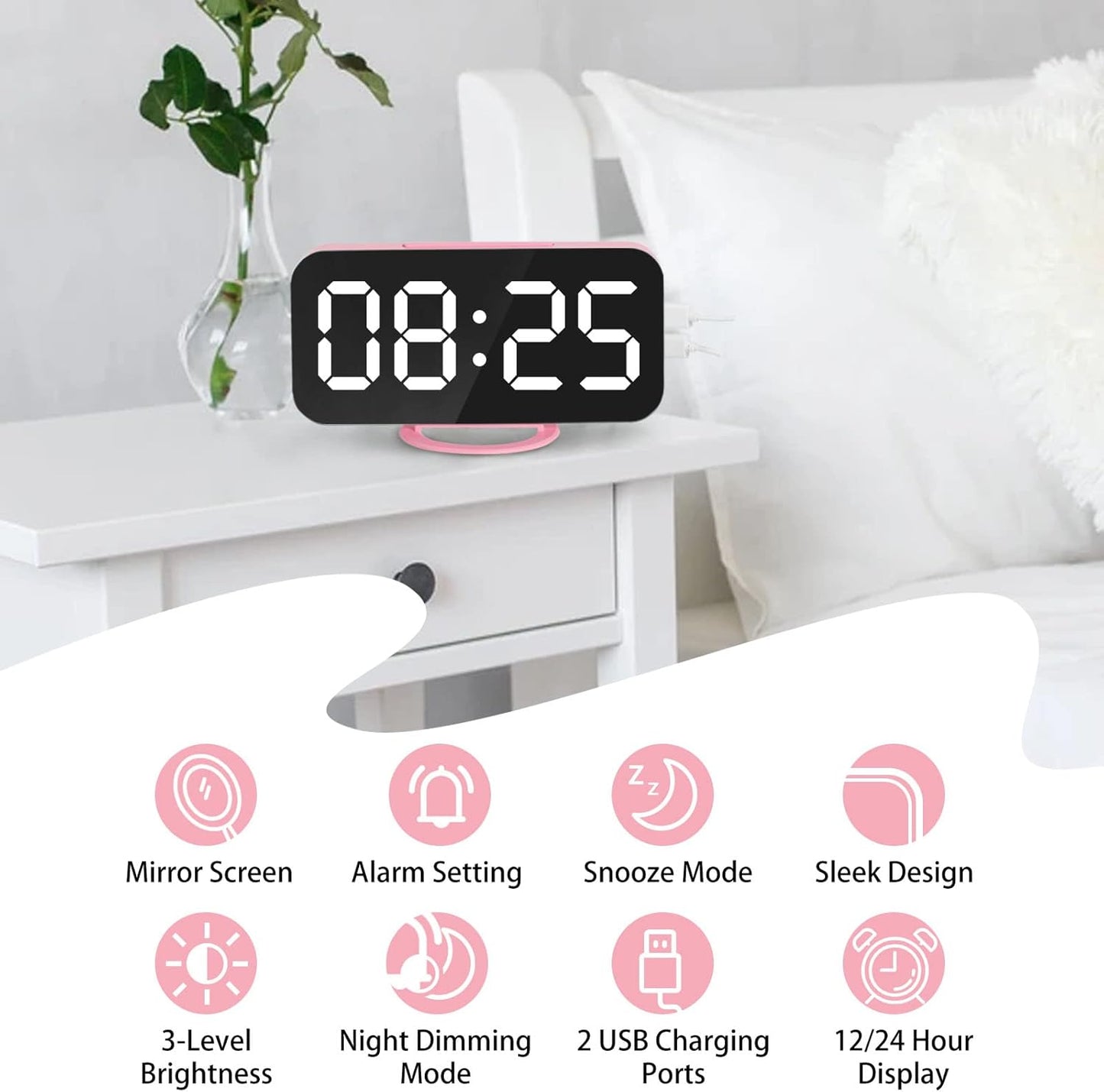 Digital Alarm Clock,Large LED Mirror Display, 2 USB Charging Ports,Auto Dim Mode,Modern Design Clock for Bedroom Office, White