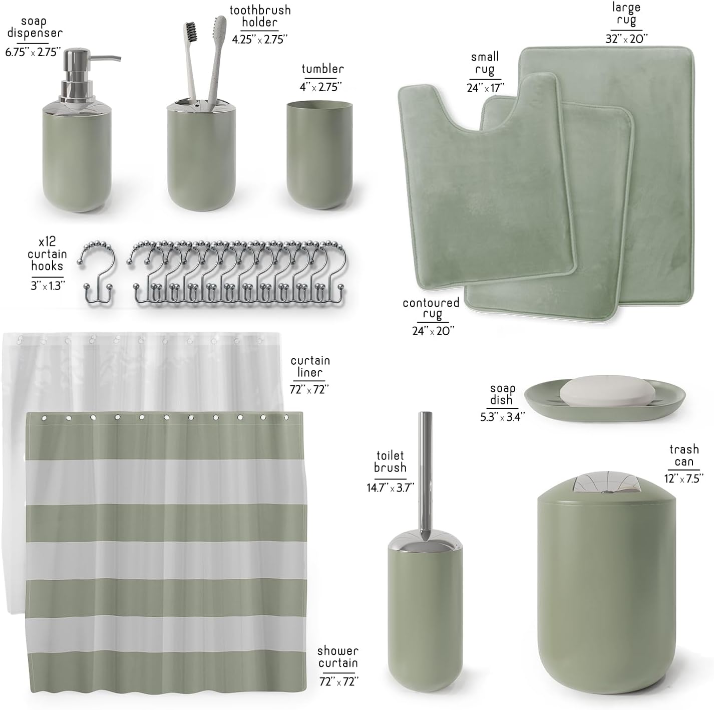 Clara Clark Bathroom Set - Gray Bathroom Accessories Set, Bathroom Sets with Shower Curtain and Rugs, 23PC Shower Curtain Set with Liner, Soap Dispenser, Soap Dish, Toilet Brush Holder, and Trash Can