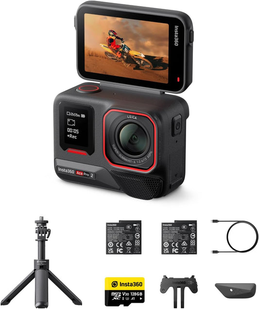 Insta360 Ace Pro 2 Get-Set Bundle- 8K Waterproof Action Camera Co-Engineered with Leica, 1/1.3" Sensor, Dual AI Chip, Leading Low Light, Superior Audio, Flip Screen & AI Editing, Dual Battery