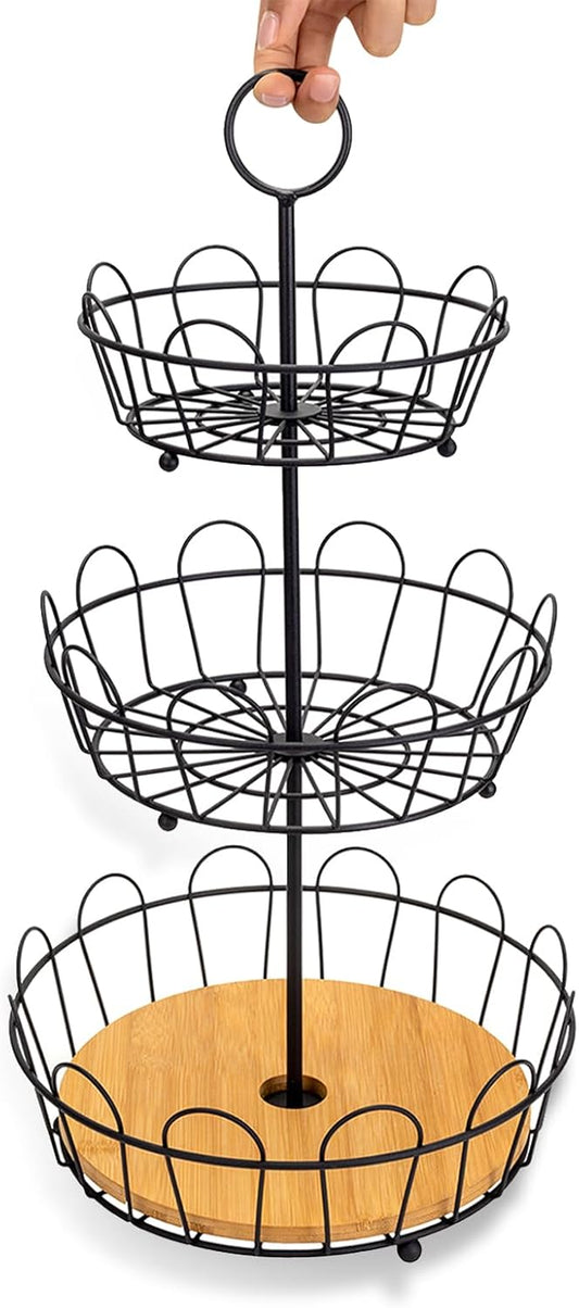 3-Tier Farmhouse Fruit Basket Stand, Wire Fruit Vegetables Countertop Storage Rack, Multifunctional Detachable Bread Snack Holder Bowl for Kitchen and Bathroom Organization - Black