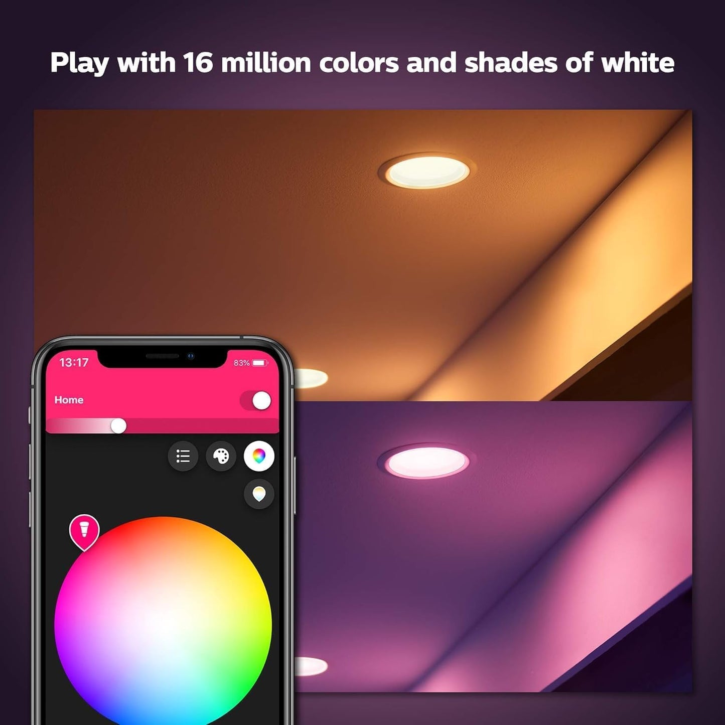 Philips Hue White & Color Ambiance 4" Smart LED Retrofit Can Downlight, Color Changing, Bluetooth & Zigbee Compatible (Hue Hub Optional), Smart Ceiling Lighting